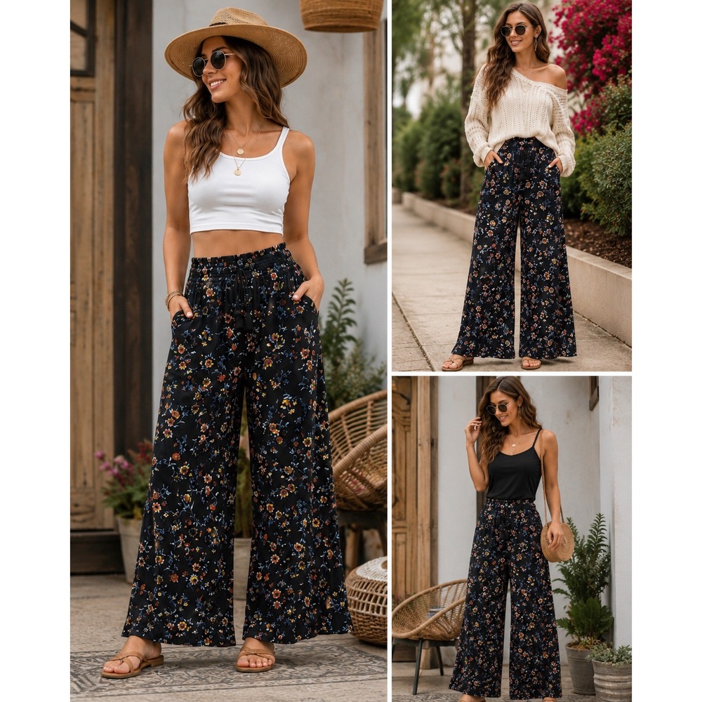 Lived To‎ Be Spoiled Pants Womens M Black Floral Wide Leg Smocked Tassel Boho